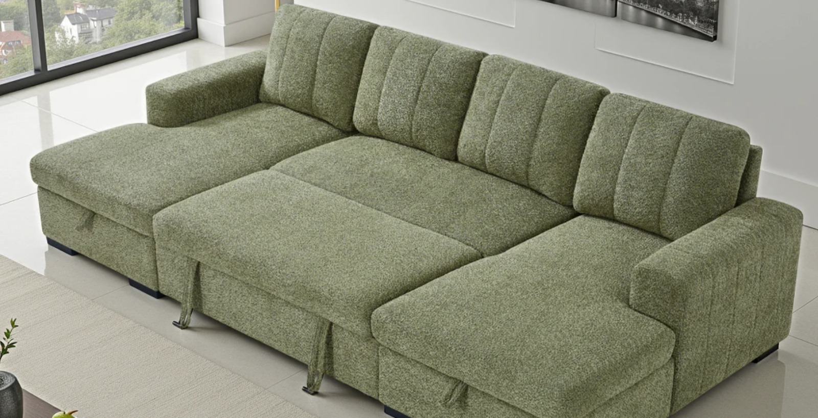Como Green U Shape Corner Sofa Bed with Storage